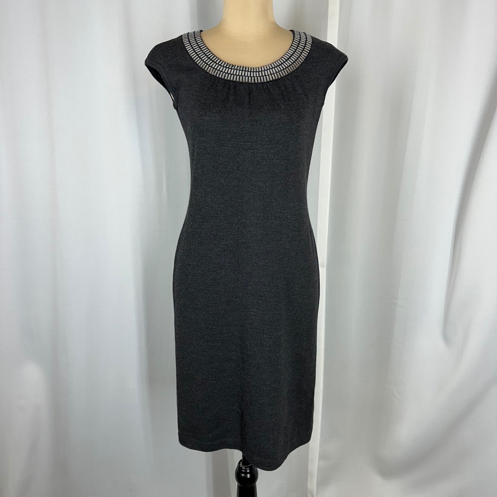 St John Collection Dress Size‎ 2 Gray Wool Blend Knit Metallic Trim Sheath Midi